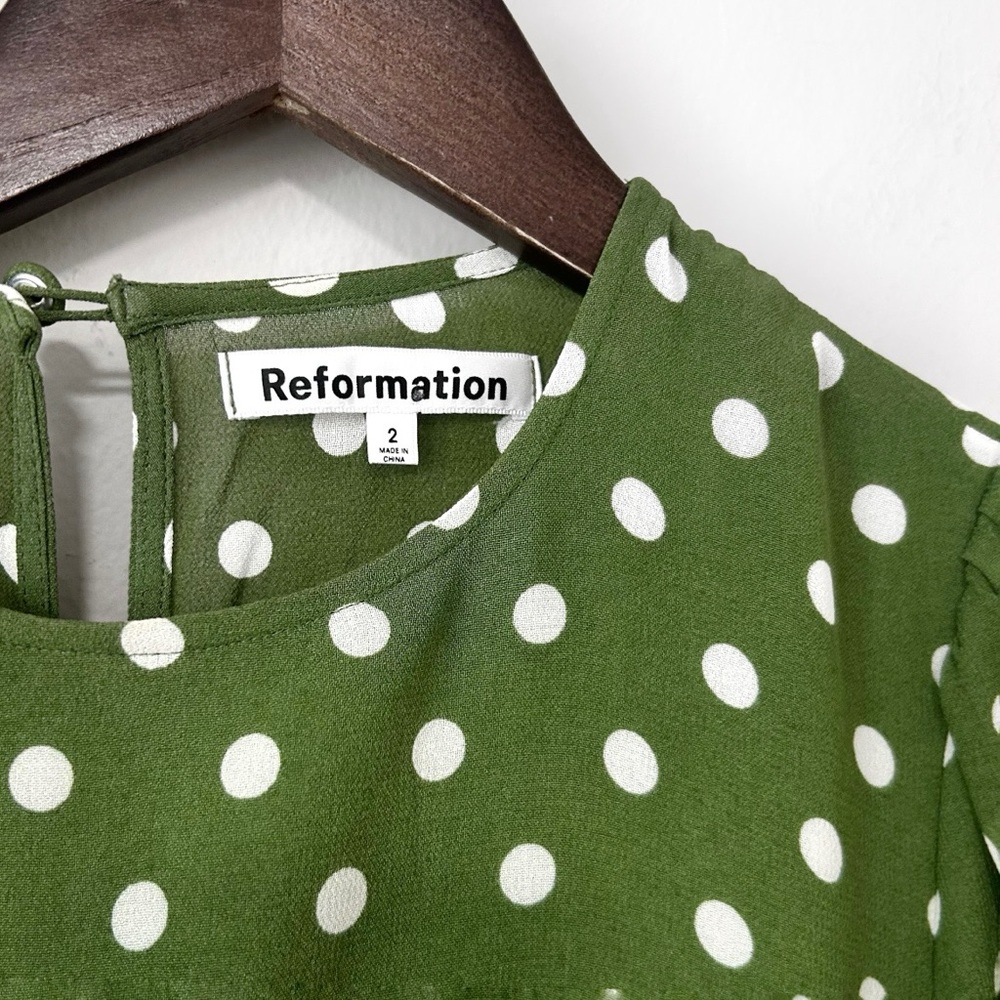 Reformation Carolena Polka Dot Midi Dress in Edamame Green - Picture 9 of 12